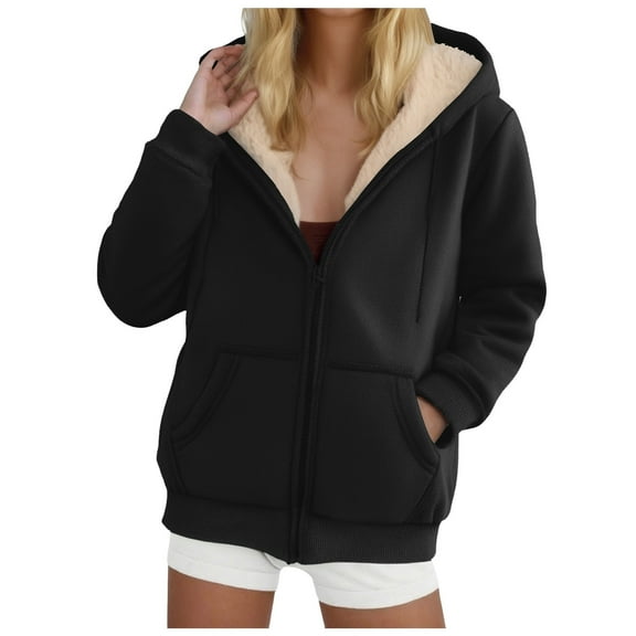felwors Women's Fleece Lined Full-Zip Hooded Jacket with Pockets - Warm Casual Outwear for Daily Wear Black, XXL