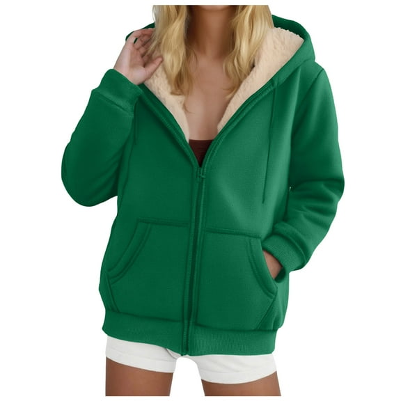 felwors Women's Fleece Lined Full-Zip Hooded Jacket with Pockets - Warm Casual Outwear for Daily Wear Green, S