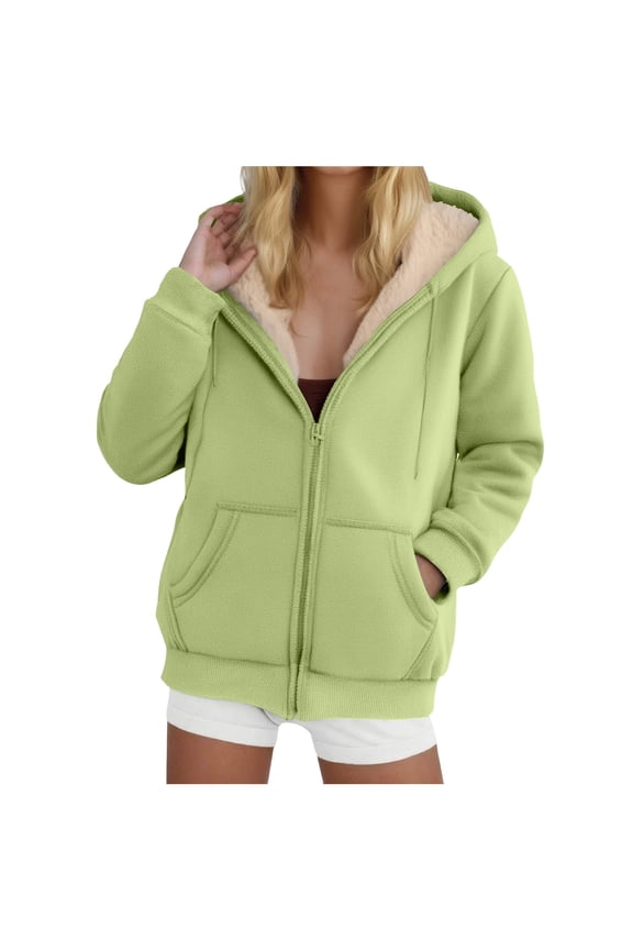 Women's Fleece Lined Full-Zip Hooded Jacket with Pockets - Warm Casual Outwear for Daily Wear Light Green, M