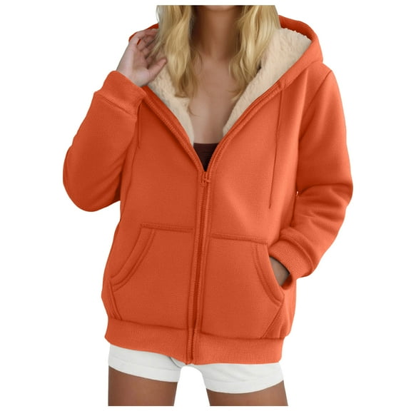 felwors Women's Fleece Lined Full-Zip Hooded Jacket with Pockets - Warm Casual Outwear for Daily Wear Orange, L