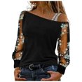 thumbnail image 1 of felwors Women's Floral Embroidery Mesh T Shirt Cold Shoulder Long Sleeve Asymmetrical Neck Tee Tops (Blue, XXL), 1 of 8