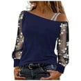 thumbnail image 1 of felwors Women's Floral Embroidery Mesh T Shirt Cold Shoulder Long Sleeve Asymmetrical Neck Tee Tops (Navy, L), 1 of 8