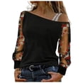 thumbnail image 1 of felwors Women's Floral Embroidery Mesh T Shirt Cold Shoulder Long Sleeve Asymmetrical Neck Tee Tops (Red, S), 1 of 8