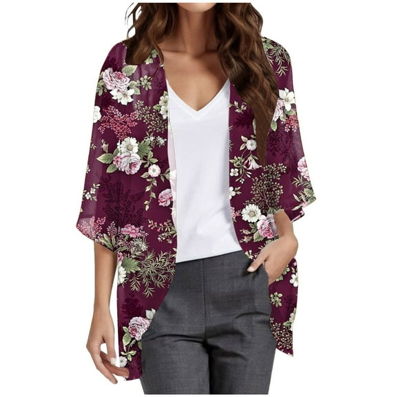 felwors Women's Floral Print Puff Sleeve Kimono Cardigan Loose Cover Up Casual Blouse Tops Wine, XXL