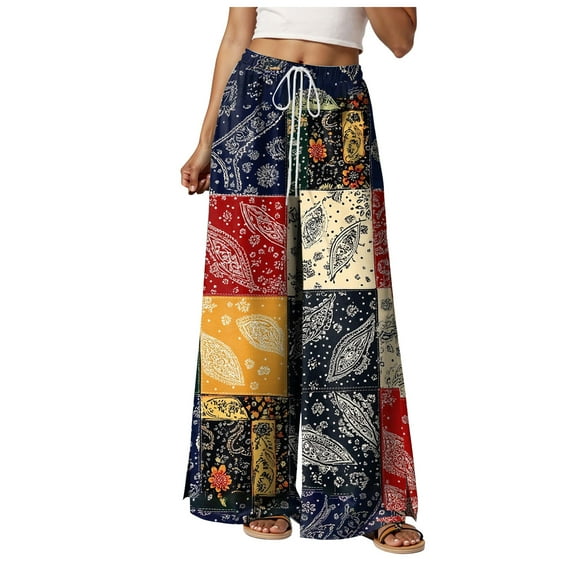 felwors Women's Floral Print Wide Leg Pants - High Waisted Flowy Casual Trousers with Drawstring Navy, L