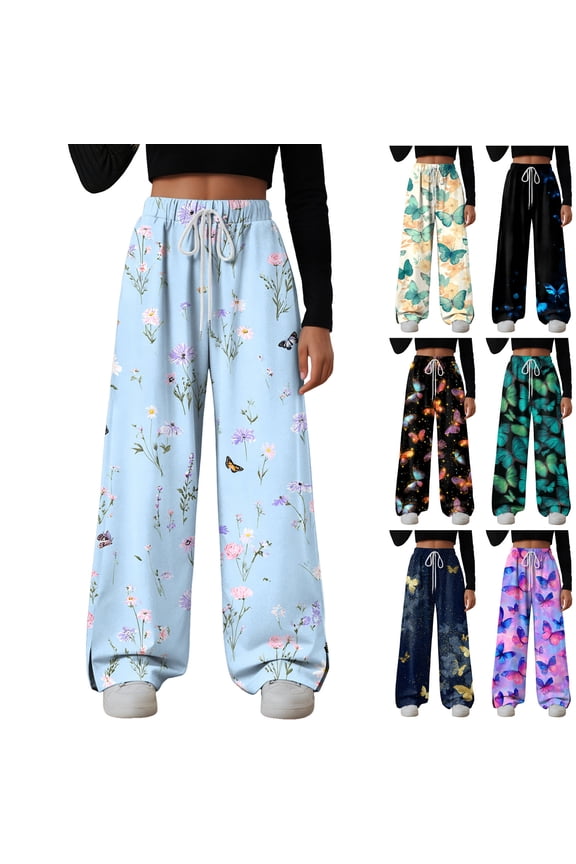 Women's Floral Print Wide Leg Sweatpants – Soft Lounge Joggers with Drawstring Waist & Pockets, Casual Comfort Fit for Home, Travel & Everyday Wear(Black, L)