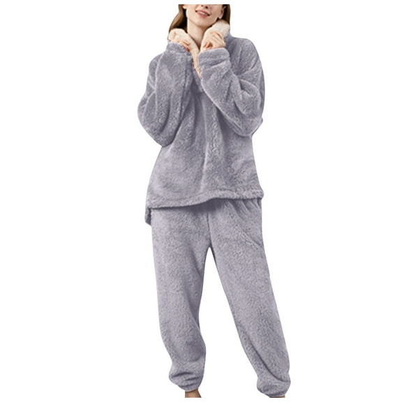 felwors Women's Fluffy Loungewear Sleepwear Lounge Casual Pajamas Sets Loose Long Sleeve Fleece Pullover and Pants Set Grey, XL