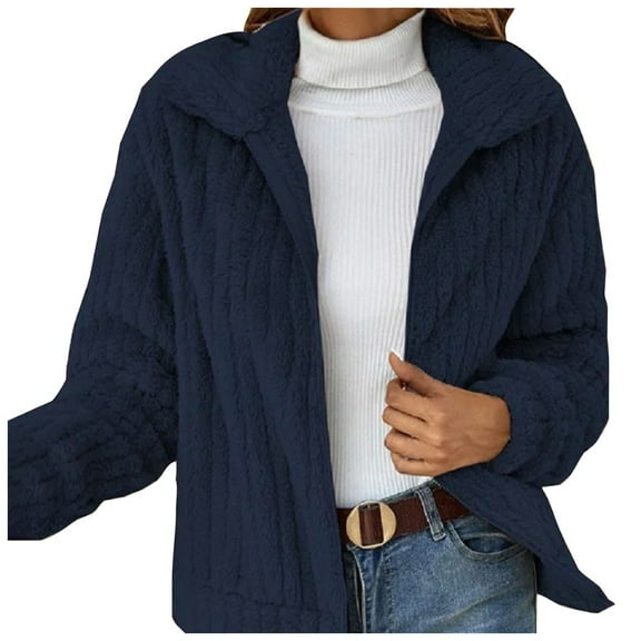 felwors Women's Full Zip Fleece Jacket Winter Casual Long Sleeve Lapel Collar Oversized Sherpa Coat Fall Outerwear Blue, S