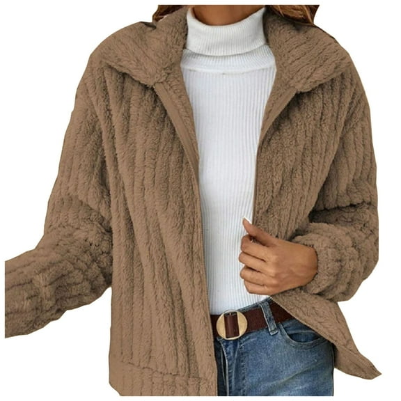 felwors Women's Full Zip Fleece Jacket Winter Casual Long Sleeve Lapel Collar Oversized Sherpa Coat Fall Outerwear Khaki, XXL