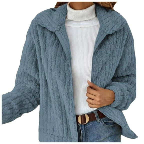 felwors Women's Full Zip Fleece Jacket Winter Casual Long Sleeve Lapel Collar Oversized Sherpa Coat Fall Outerwear Light Blue, M