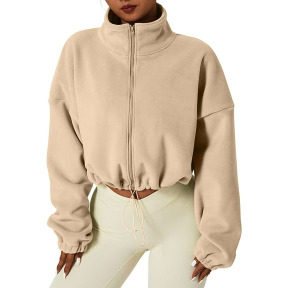 felwors Women's Full Zip Fleece Short Jacket Warm Winter Long Sleeve Stand Collar Sherpa Crop Coat Beige, S