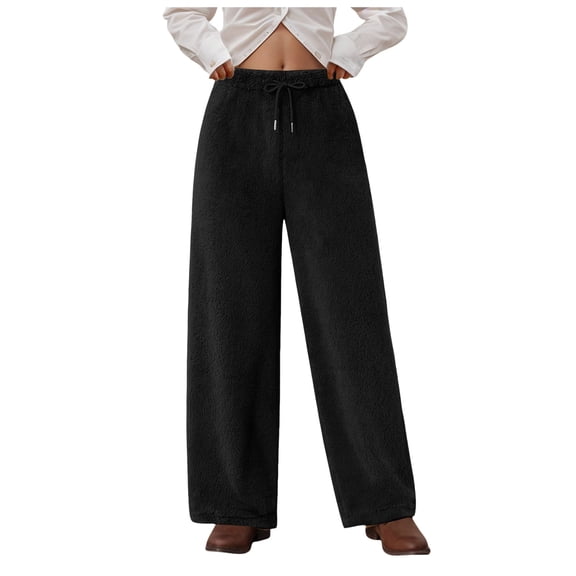 felwors Women's Fuzzy Plush Pajama Pants Drawstring Elastic Waist Wide Leg Teddy Pj Bottoms Lounge Pants Black, XL