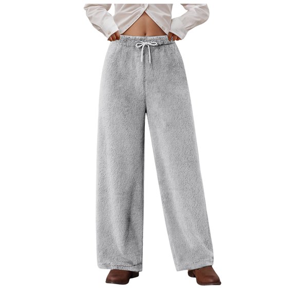 felwors Women's Fuzzy Plush Pajama Pants Drawstring Elastic Waist Wide Leg Teddy Pj Bottoms Lounge Pants Light Gray, XL