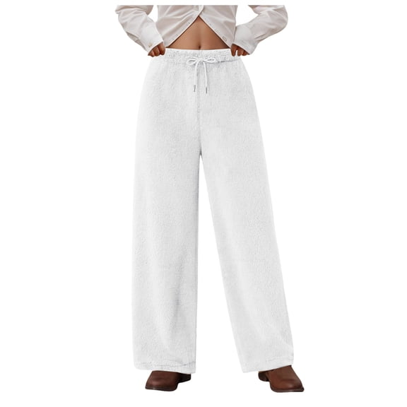 felwors Women's Fuzzy Plush Pajama Pants Drawstring Elastic Waist Wide Leg Teddy Pj Bottoms Lounge Pants White, XXXL
