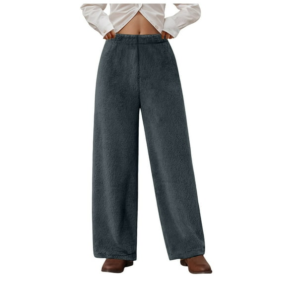 felwors Women's Fuzzy Plush Straight Leg Pants - Elastic Waist Loose Casual Trousers Dark Gray, M