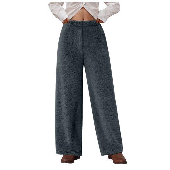 felwors Women's Fuzzy Plush Straight Leg Pants - Elastic Waist Loose Casual Trousers Dark Gray, XXL