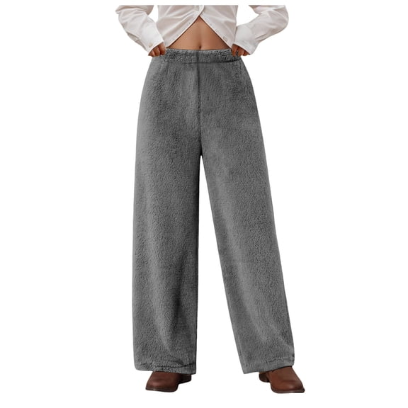 felwors Women's Fuzzy Plush Straight Leg Pants - Elastic Waist Loose Casual Trousers Grey, S