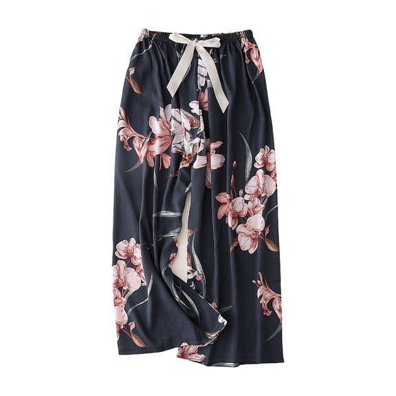 felwors Women's Gaucho Pants Floral Casual Beach Flowy Palazzo Wide Leg Capris Lounge Pajama Bottoms Dark Blue, One Size