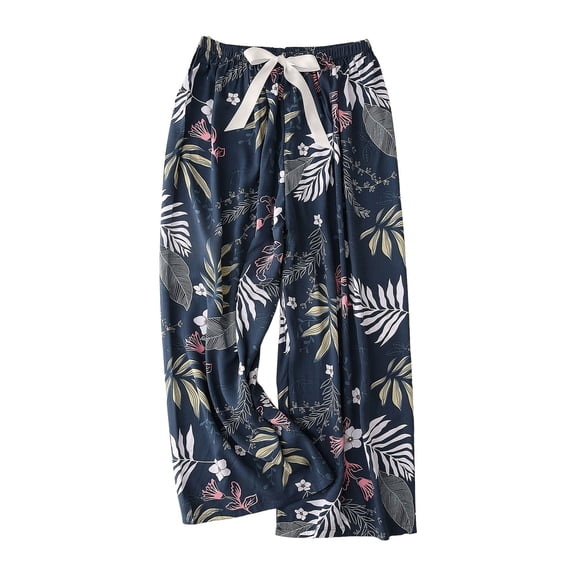 felwors Women's Gaucho Pants Floral Casual Beach Flowy Palazzo Wide Leg Capris Lounge Pajama Bottoms Navy, One Size