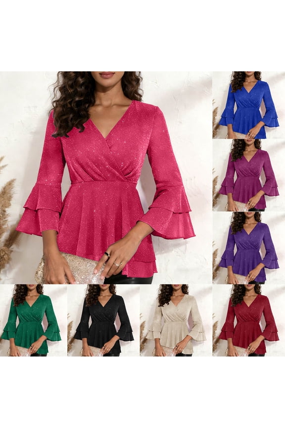 Women's Glitter Surplice Neck Ruffle Sleeve Peplum Top Sparkle Wrap Blouse with Tiered Sleeves in Solid Colors(Green, XL)