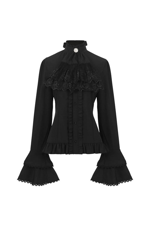 Women's Gothic Victorian Ruffled Blouse - Lace Embellished Stand Collar Flared Sleeve Shirt Black, S