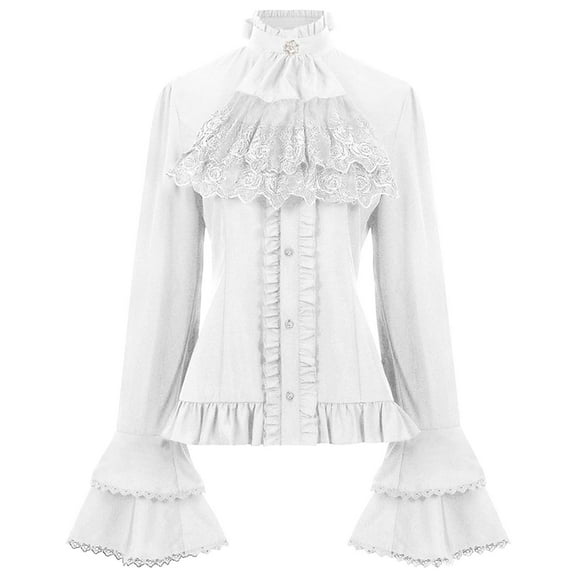 felwors Women's Gothic Victorian Ruffled Blouse - Lace Embellished Stand Collar Flared Sleeve Shirt White, S