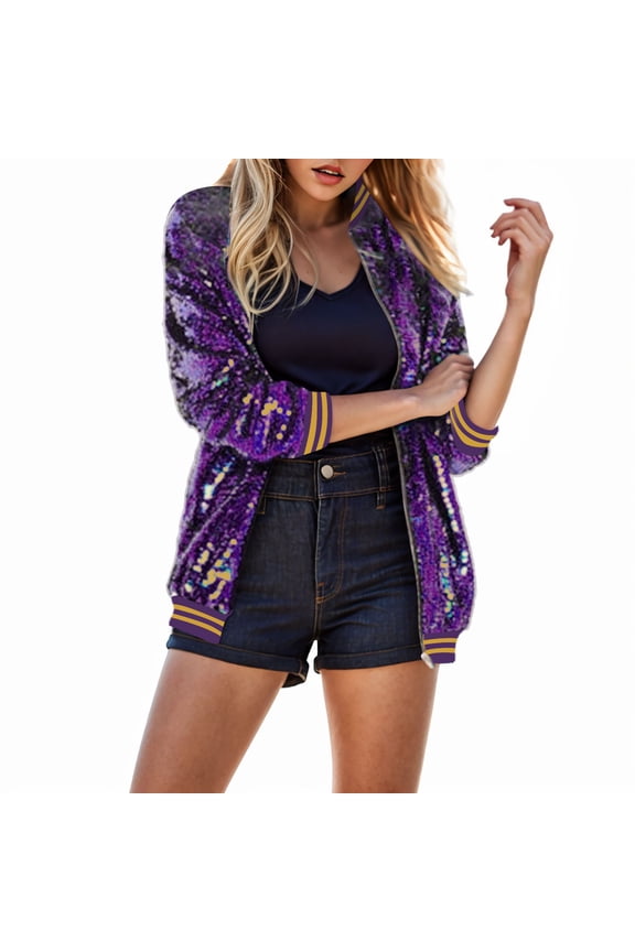 Women's Gradient Sequin Sparkle Bomber Jacket - Zip-Up Outerwear for Casual & Party Wear Purple, XXL