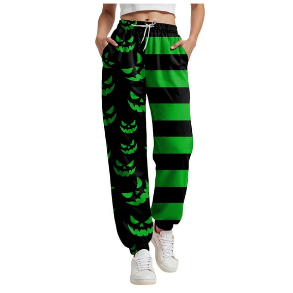 felwors Women's Halloween Pumpkin & Striped Print Casual Jogger Pants Green, L