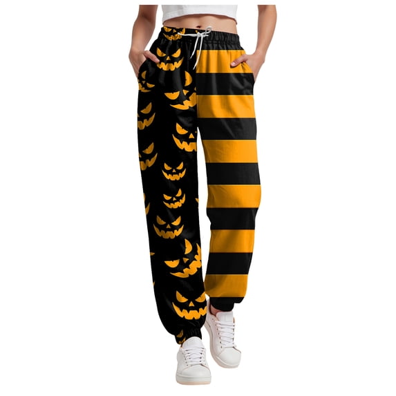 felwors Women's Halloween Pumpkin & Striped Print Casual Jogger Pants Orange, L