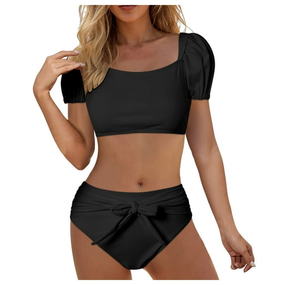 felwors Women's High Waist Bikini Sets Tie Knot Tummy Control Swimwear 2 Piece Swimsuits(Black, M)