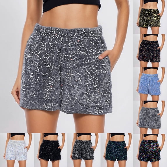 felwors Women's High Waist Black Textured Sequin Shorts 2026 Trendy Sparkly Party Shorts with Pockets for Night Out Music Festival(Silver, S)