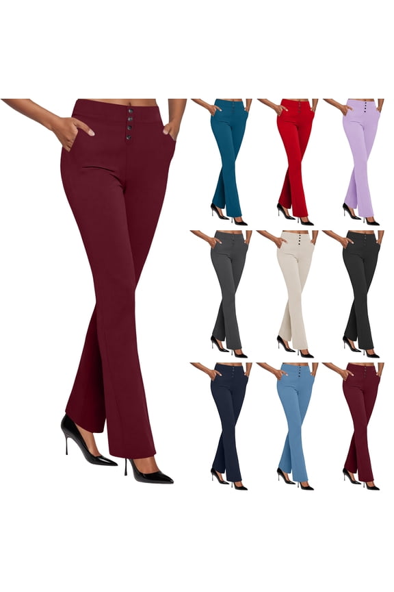Women's High Waist Flared Leg Dress Pants Business Casual Work Stretchy Trousers with Button (Black, XXL)