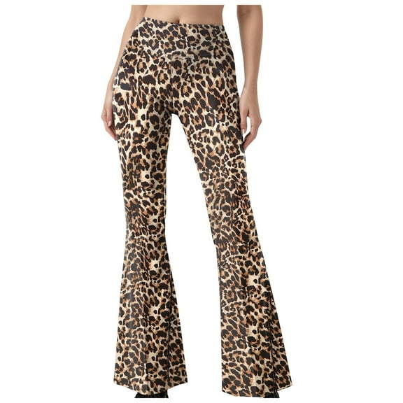 felwors Women's High Waist Leopard Print Flare Pants - Stretchy Bell Bottom Trousers for Casual, Party & Daily Wear Coffee, L