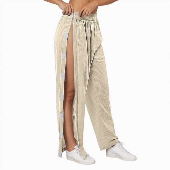 felwors Women's High Waisted Breakaway Wide Leg Pants Adaptive Snap Closure Recovery Trousers for Post-Surgery Comfort Beige for Size XL