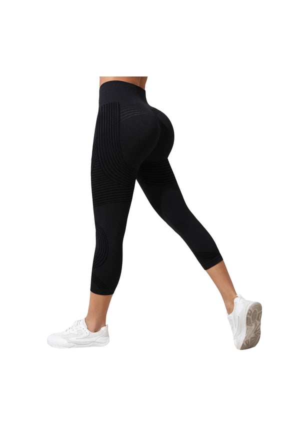 Women's High Waisted Butt Lifting Seamless Leggings 7/8 Capri Compression Textured Yoga Pants for Workout, Fitness & Activewear Black, XXL