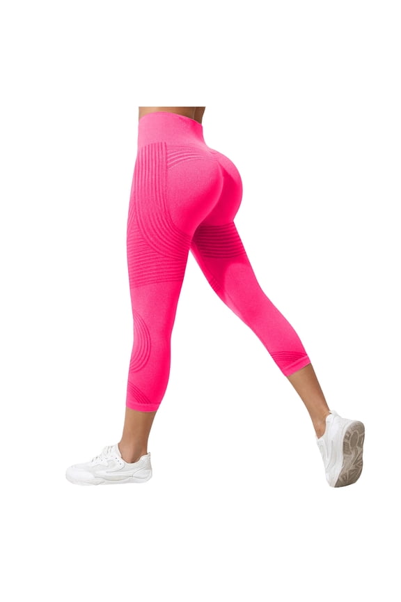 Women's High Waisted Butt Lifting Seamless Leggings 7/8 Capri Compression Textured Yoga Pants for Workout, Fitness & Activewear Hot Pink, M