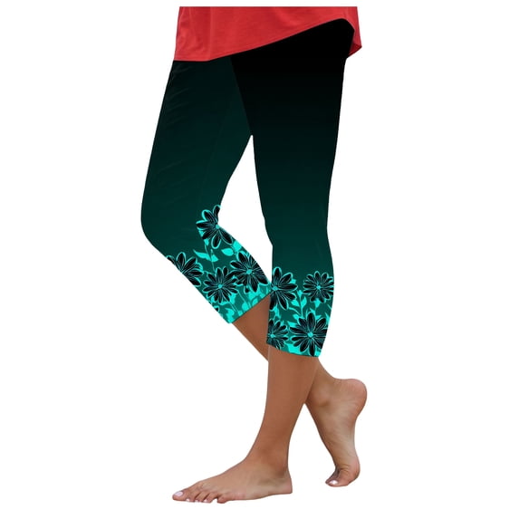 felwors Women's High Waisted Butterfly Floral Capri Leggings Gradient Print Stretchy Yoga Pants for Summer Casual Mint Green for Size L