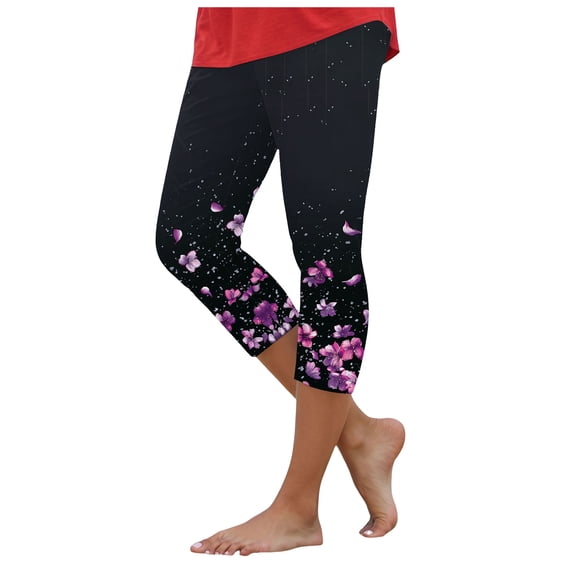 felwors Women's High Waisted Butterfly Floral Capri Leggings Gradient Print Stretchy Yoga Pants for Summer Casual Pink for Size S