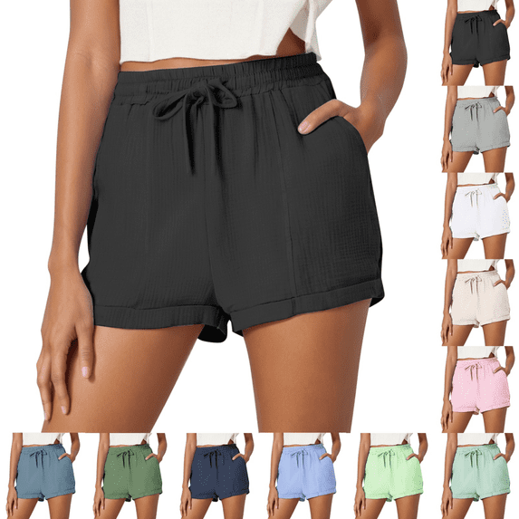 felwors Women's High Waisted Textured Gauze Shorts with Pockets Elastic Drawstring Rolled Cuff Sage Green Summer Casual Shorts (Light Green, L)