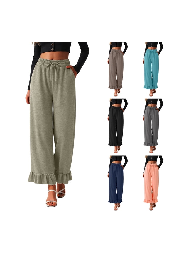 Women's High-Waisted Wide Leg Pants with Ruffled Hem – Soft Lounge Joggers for Home & Casual Wear, Drawstring Waist & Pockets(Grey, L)