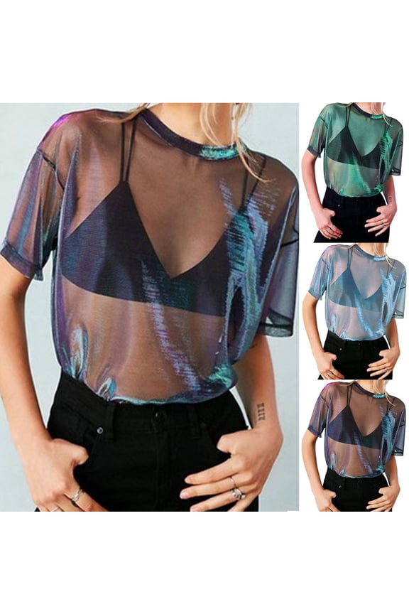 Women's Holographic Mesh Top Sheer Iridescent Short Sleeve Blouse for Festival Party Wear(Green, M)