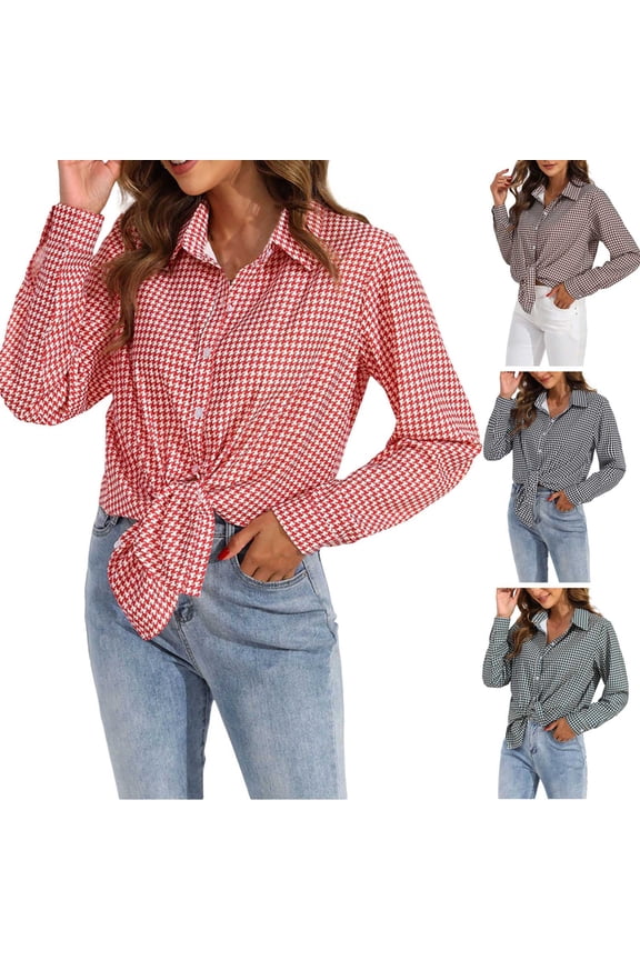 Women's Houndstooth Print Long Sleeve Button-Down Shirt Classic Checkered Blouse for Casual Office Wear(Dark Green, XXL)