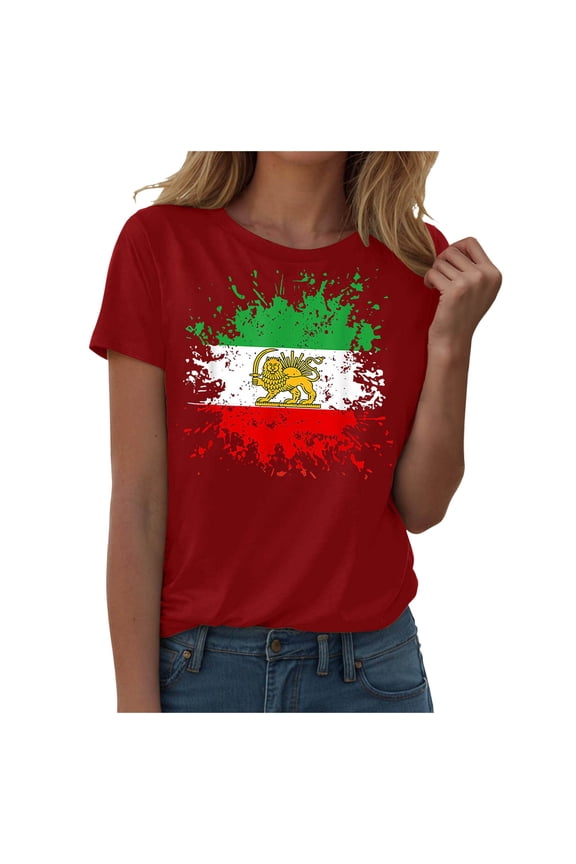 Women's Iran Lion and Sun Watercolor, Vintage Persian Heritage Flag V-Neck T-Shirt (Red, S)