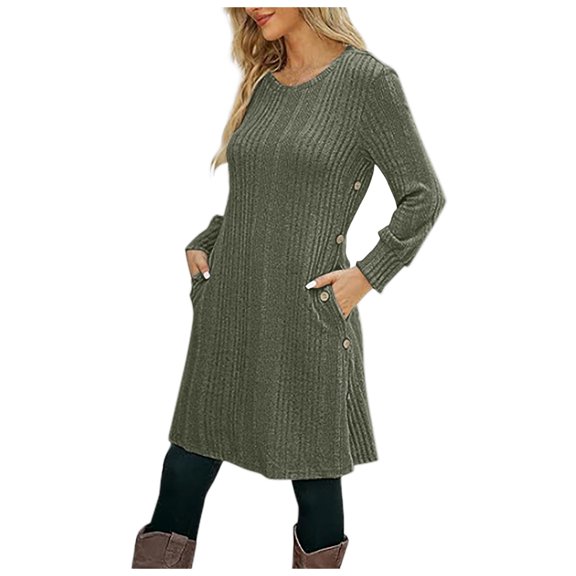 felwors Women's Knit Dress Long Sleeve Casual Crew Neck Tunic Dresses with Pockets Button Side Fall Winter Trendy Outfits Green, M