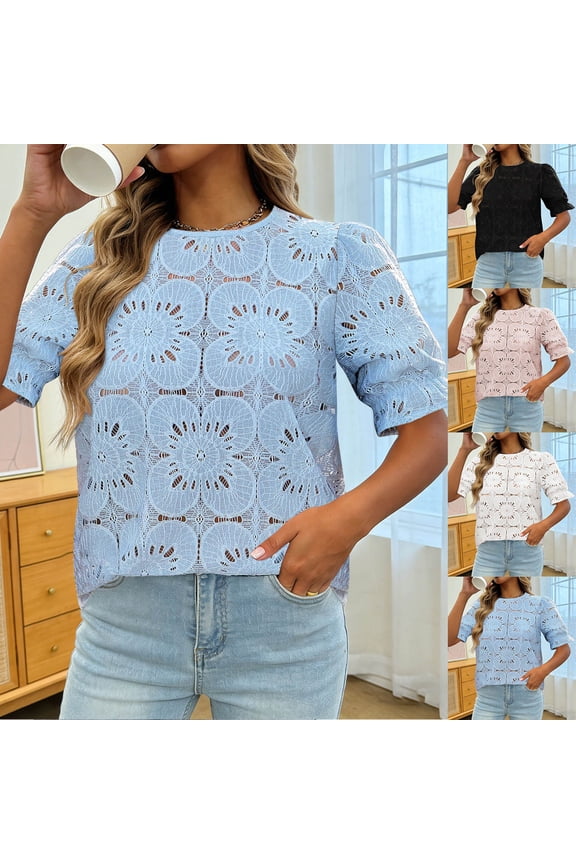 Women's Lace Floral Puff Short Sleeve Blouse Hollow Out Top with Ruffle Cuffs in Solid Colors（Pink， XL）