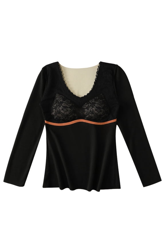 Women's Lace Long Sleeve Thermal Shirts Warm Winter Fleece Lined Baselayer Tops Seamless Loungewear Black, XXXL