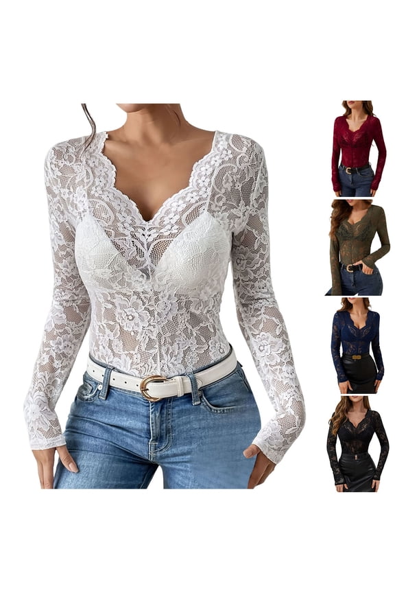 Women's Lace Long Sleeve Top Deep V-Neck Sheer Mesh Bodysuit for Casual Date Night Wear(Black, XXL)