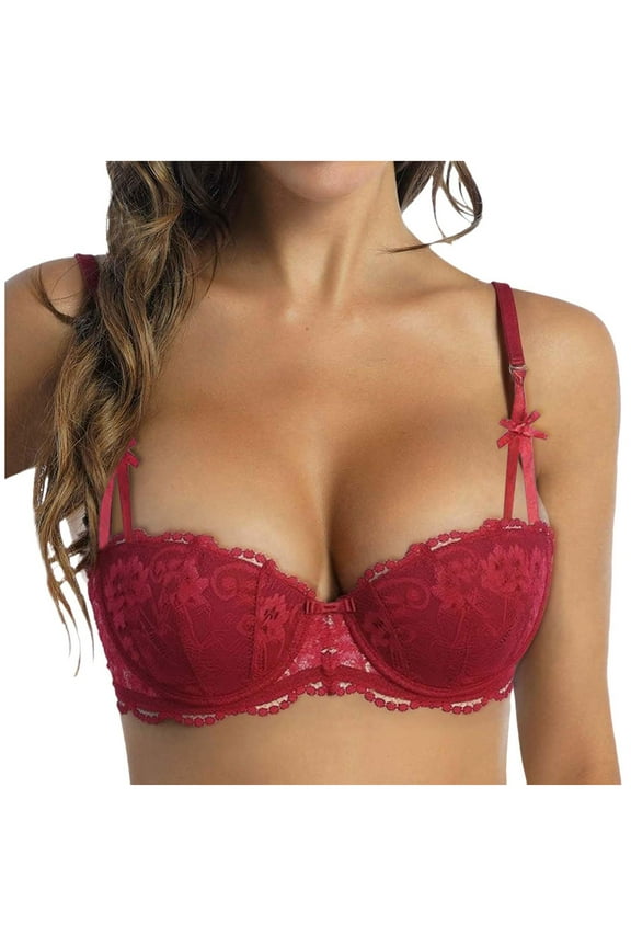 Women's Lace Push Up Bra Add 2 Cups Underwire Padded Support Full Coverage Plunge Everyday Lift Bra(Red, 32)