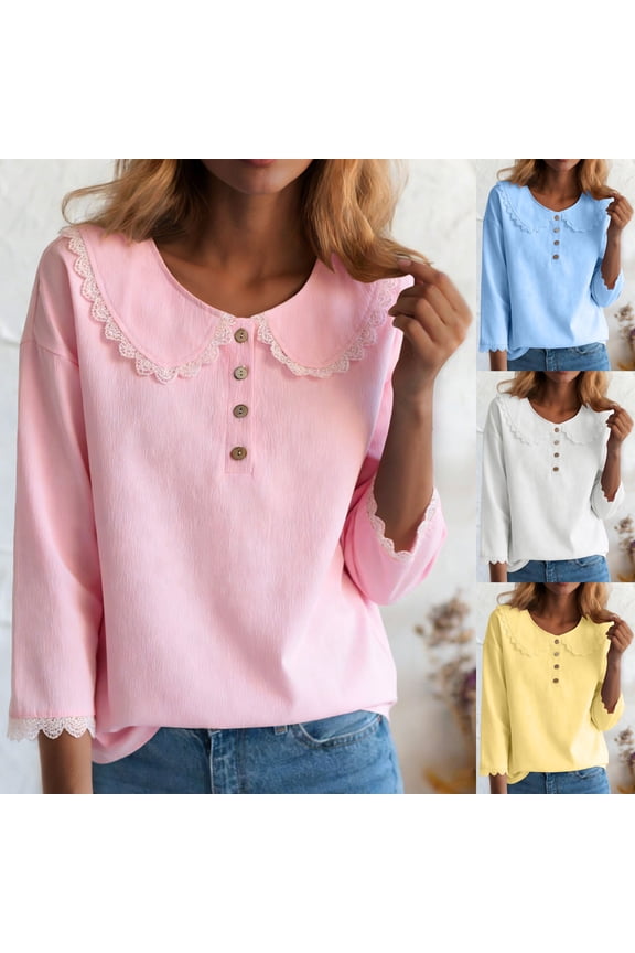 Women's Lace Trim 3/4 Sleeve Henley Top Soft Cotton Blend Shirt for Casual Light Workwear(White, XXL)