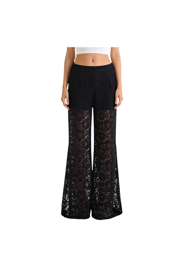 Women's Lace Wide-Leg Pants - Sheer Floral Pattern Dress Pants for Evening & Casual Wear（Black， L）